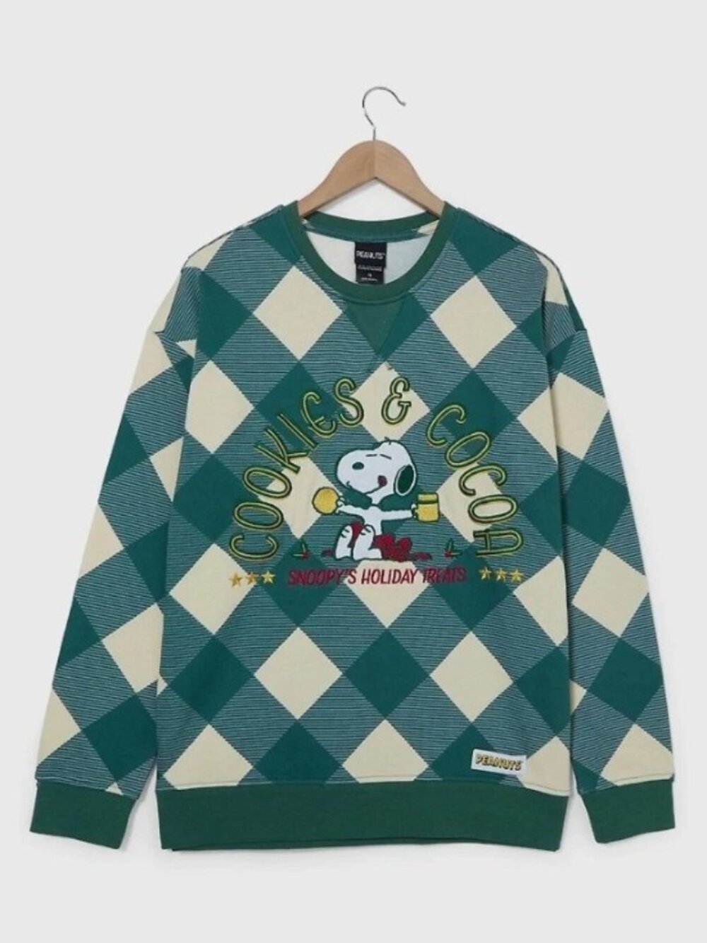 Peanuts Snoopy Cookies & Cocoa Green Plaid Crewneck Sweatshirt NWT Unisex Medium